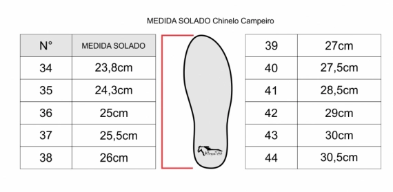 Tabela de medidas chinelo campeiro